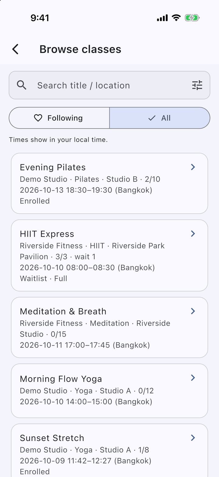 Browse classes list with organizer, location, and local session times in IDEA HOUSE Class Hub