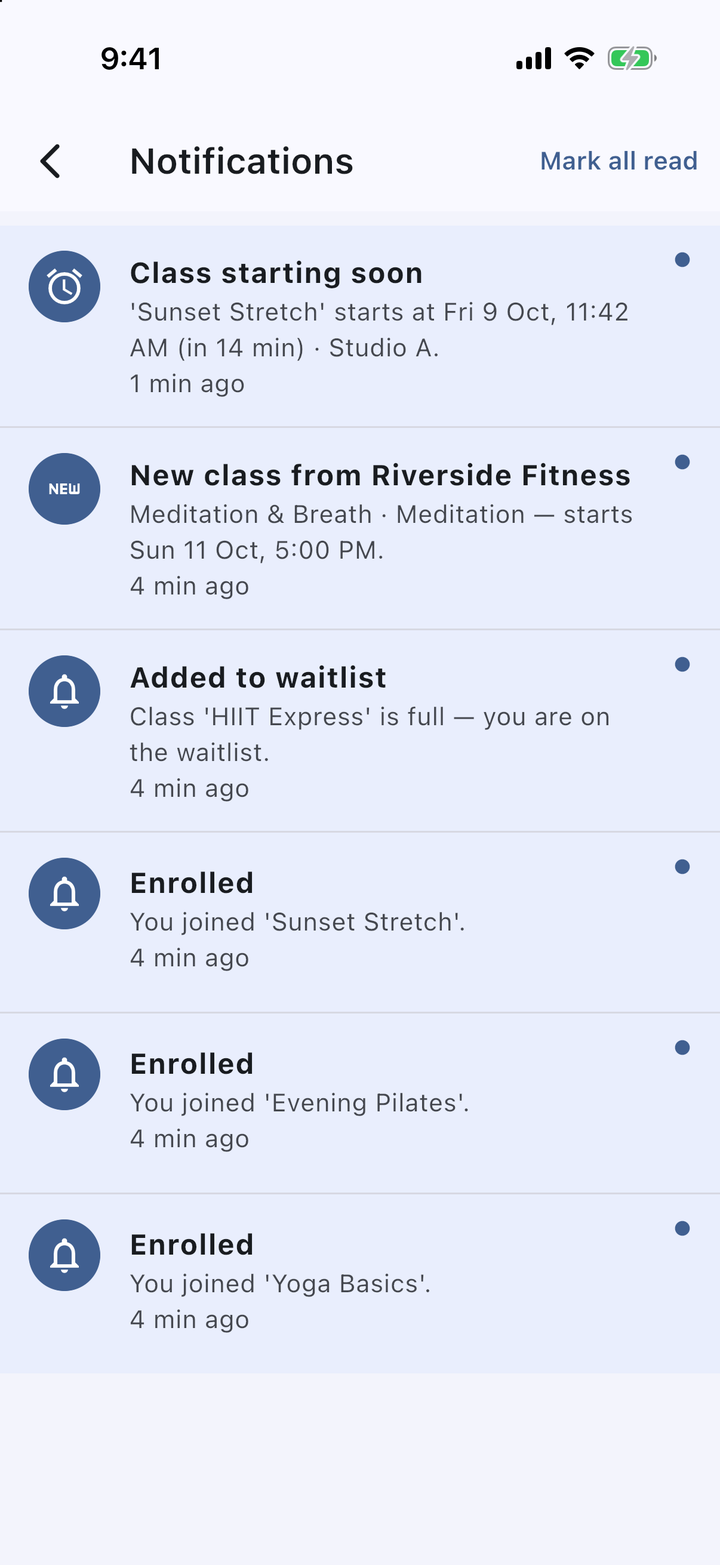 Notifications inbox with a class reminder and a new class from a followed organizer in IDEA HOUSE Class Hub