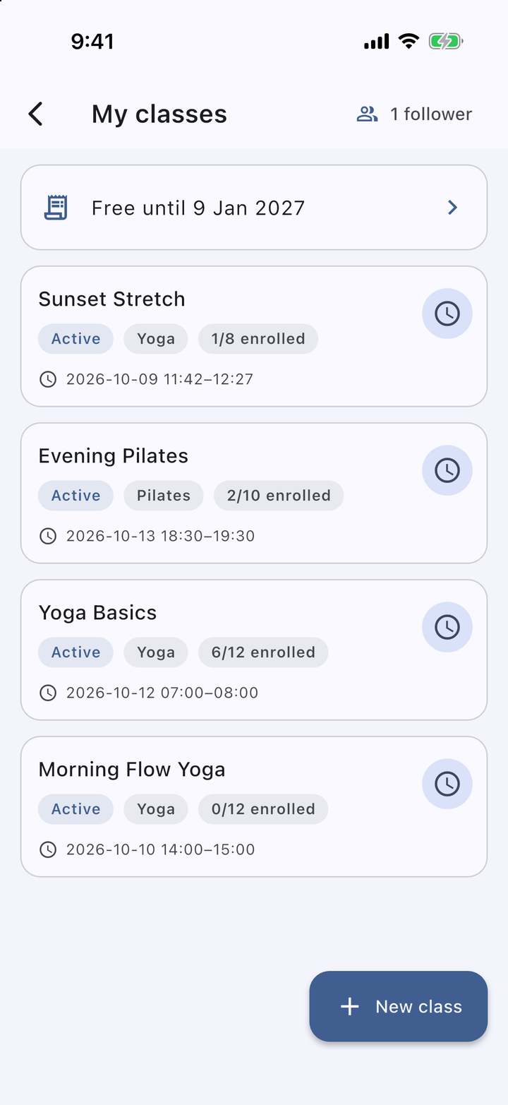 Organizer class list with enrollment counts in IDEA HOUSE Class Hub