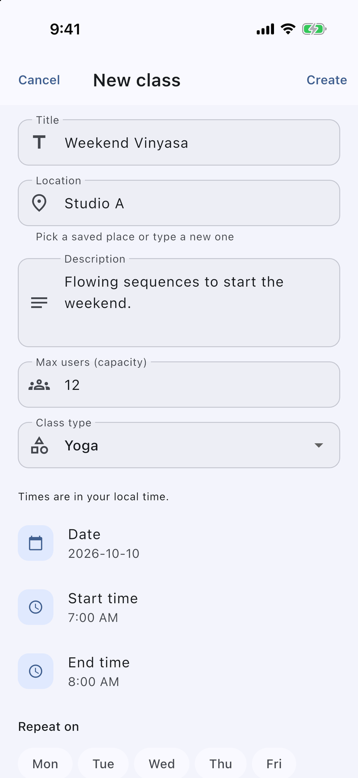 New class form with type, location, capacity, and schedule in IDEA HOUSE Class Hub