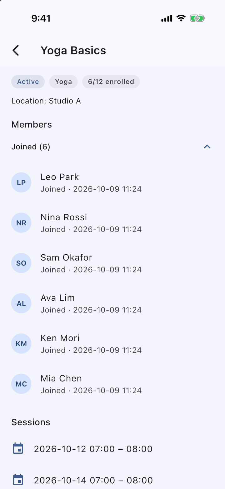 Class detail listing joined members and sessions in IDEA HOUSE Class Hub