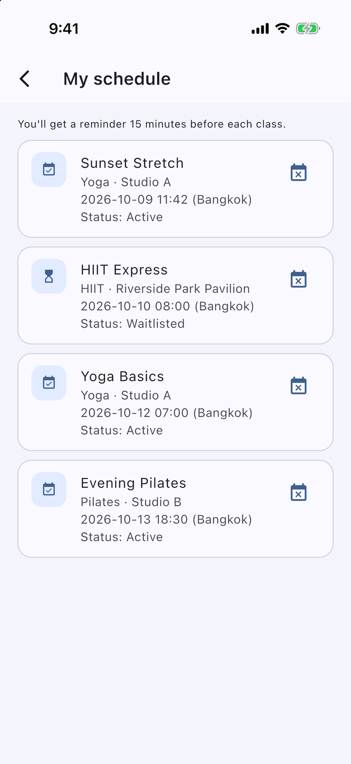 My schedule with upcoming enrolled and waitlisted classes in IDEA HOUSE Class Hub