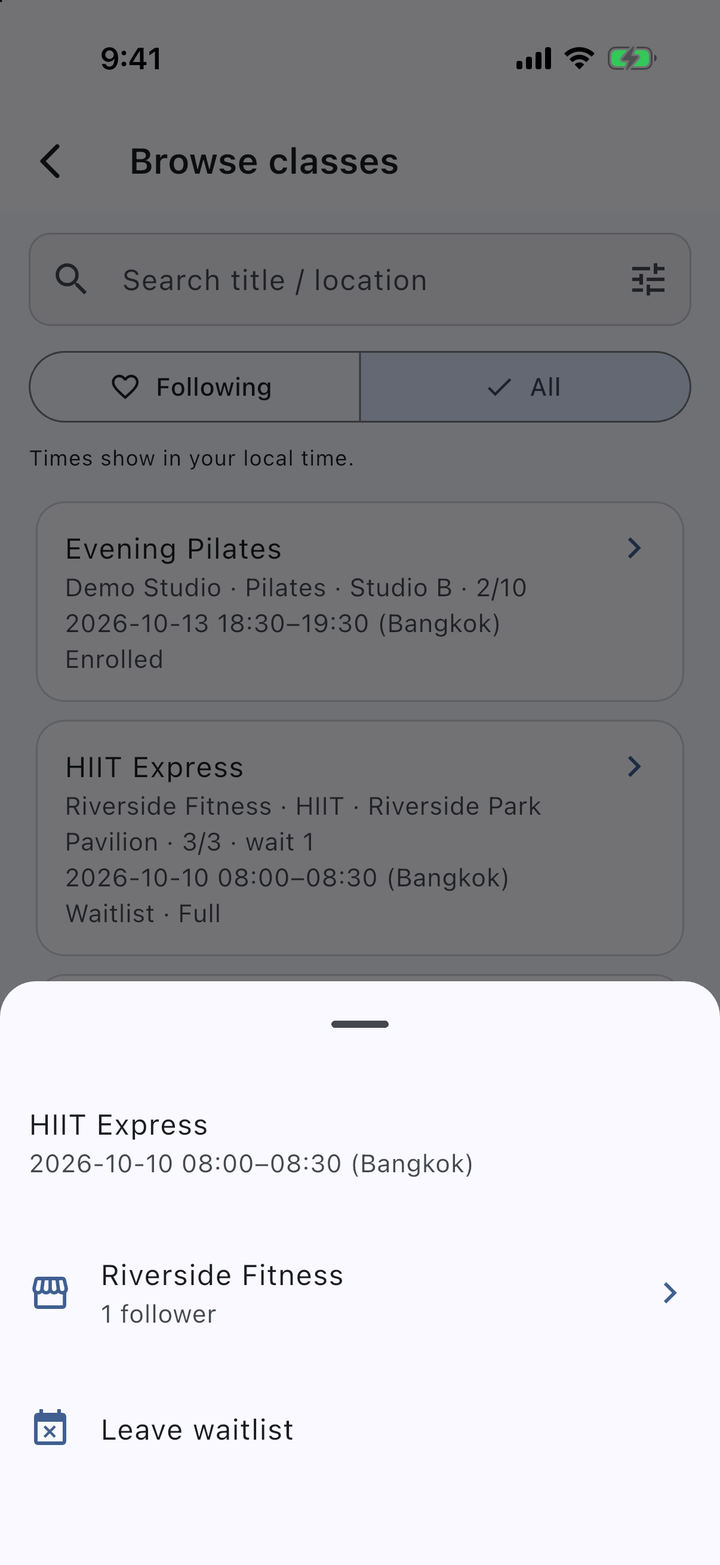 Full class with the member on its waitlist in IDEA HOUSE Class Hub