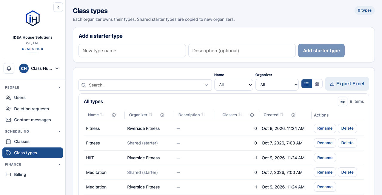 Class types list in the IDEA HOUSE Class Hub web portal