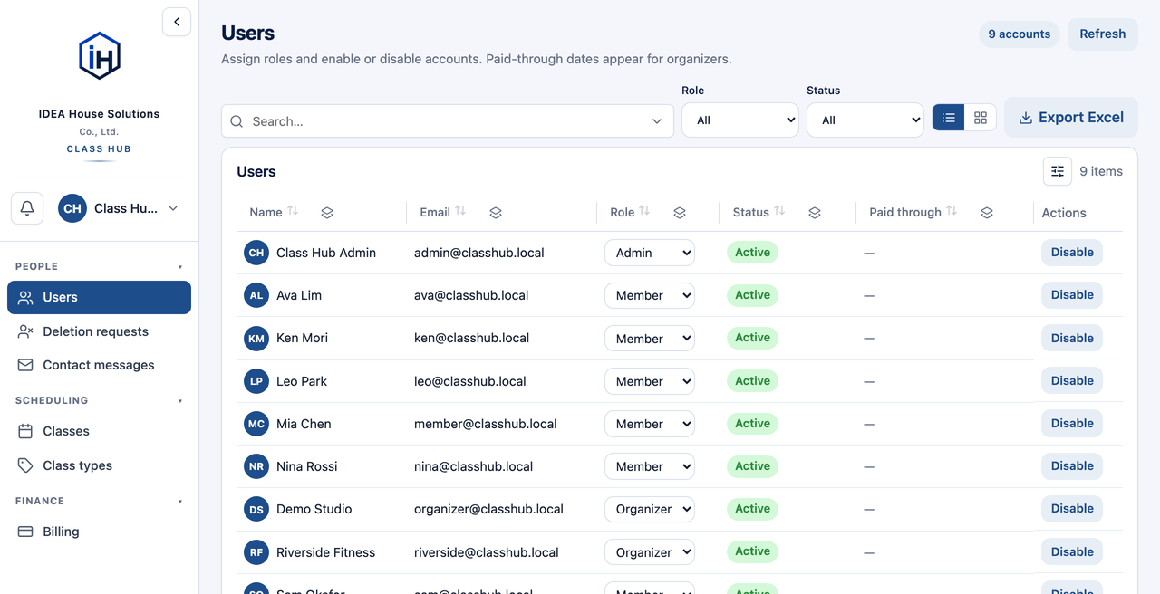 Users list with roles and status in the IDEA HOUSE Class Hub web portal