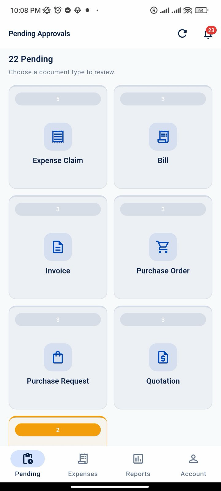 Pending approvals by document type on the IDEA House ERP mobile app