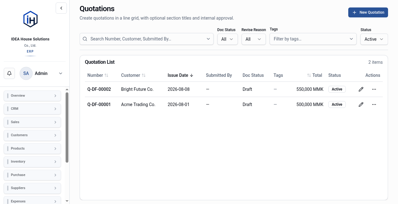 Sales quotations list in IDEA House ERP