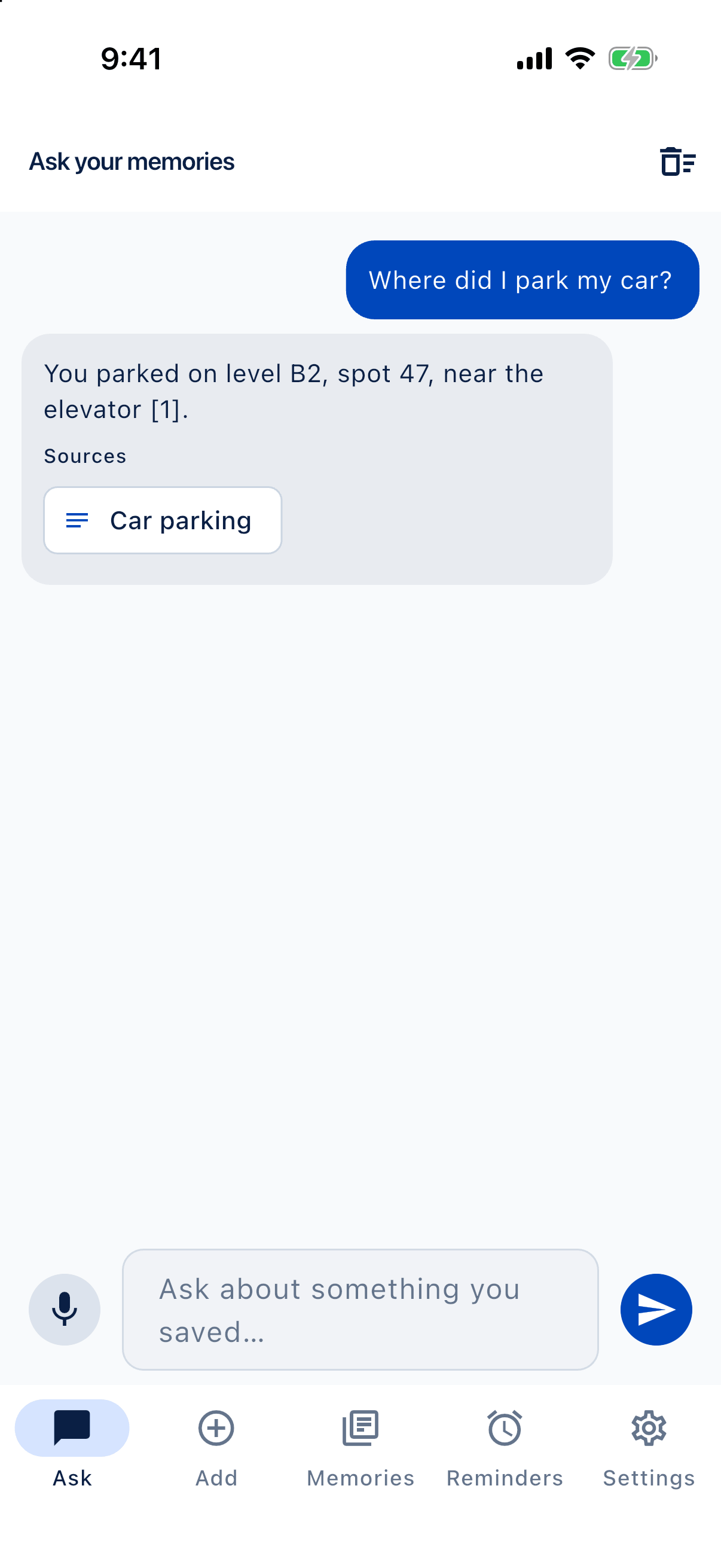 Ask screen answering a parking question with a tappable memory source in IDEA HOUSE My Memory