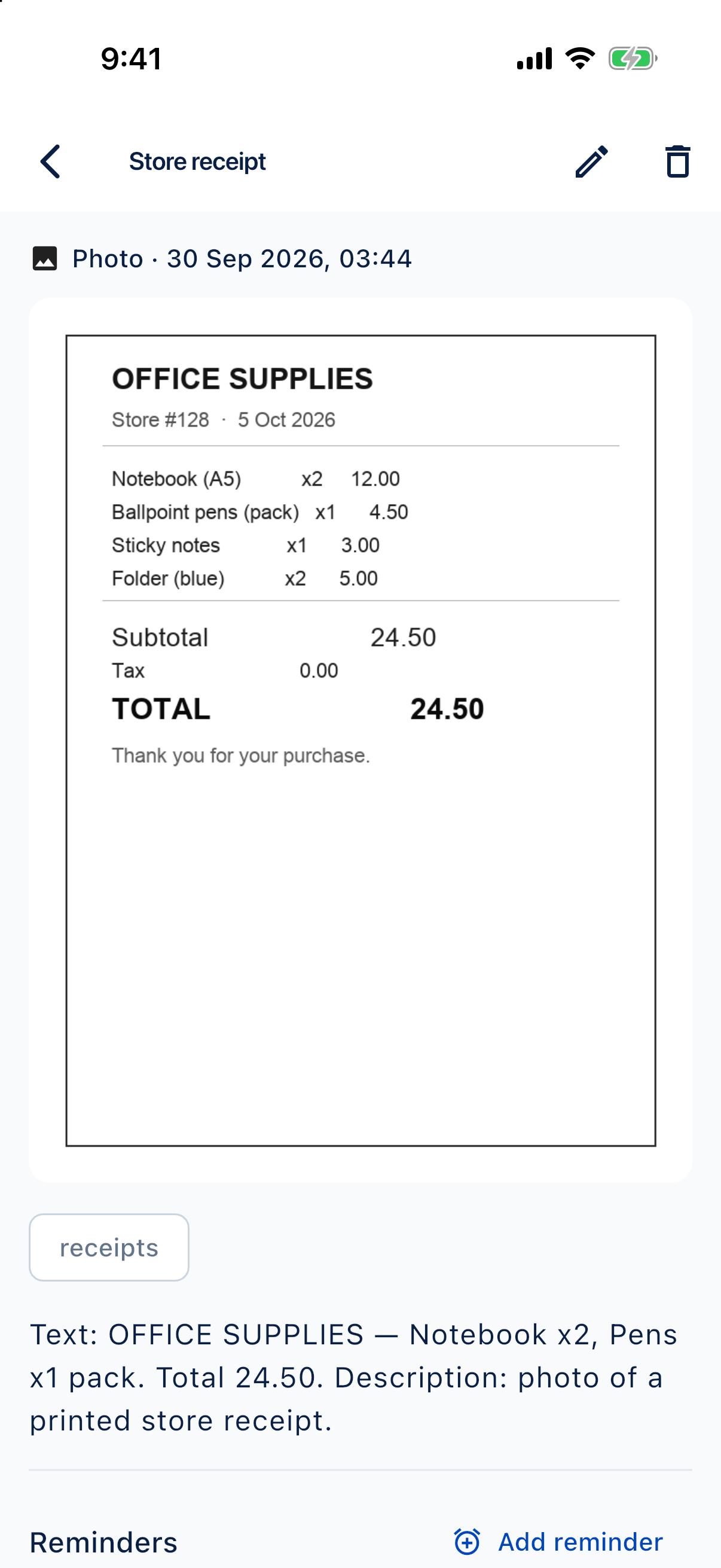 Photo memory of a store receipt in IDEA HOUSE My Memory