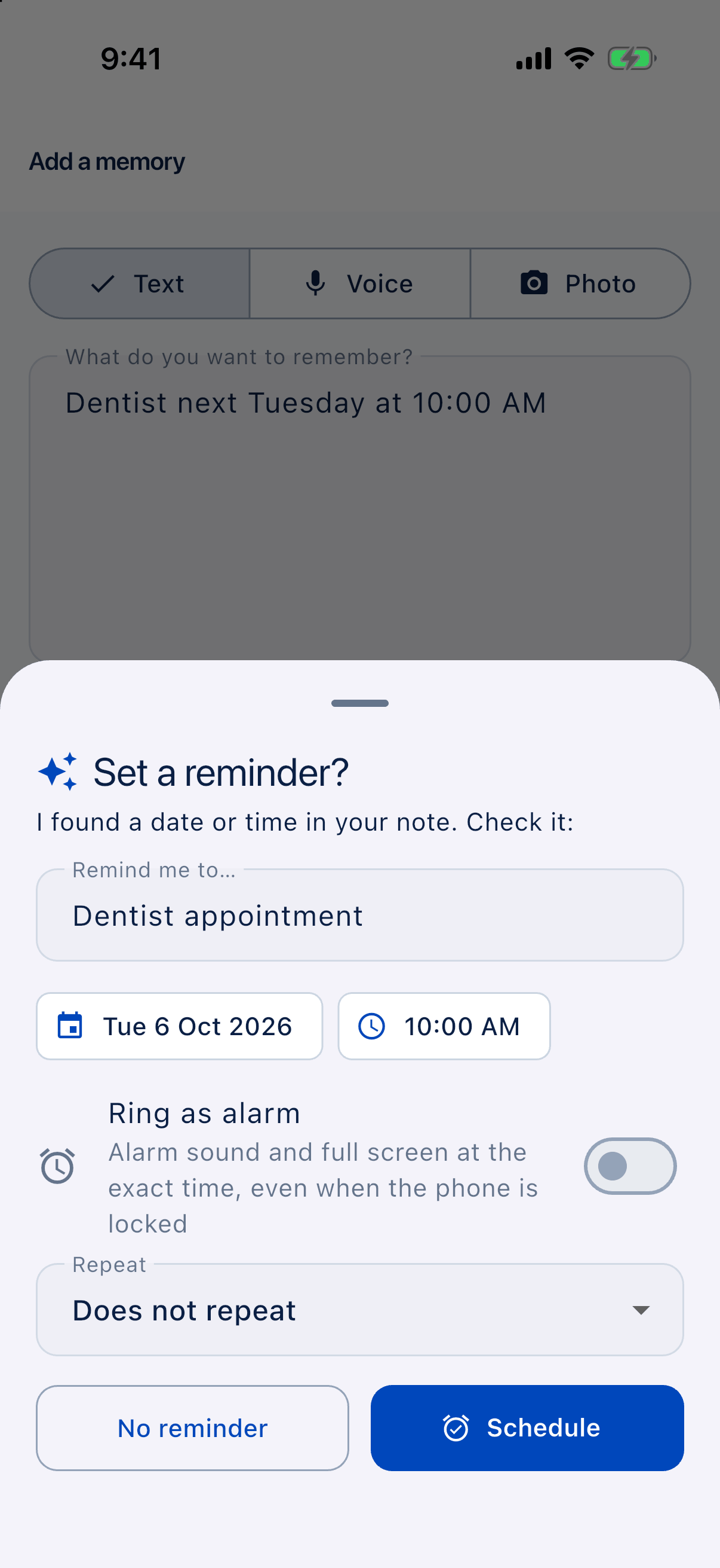 Reminder confirm sheet for a dentist appointment in IDEA HOUSE My Memory