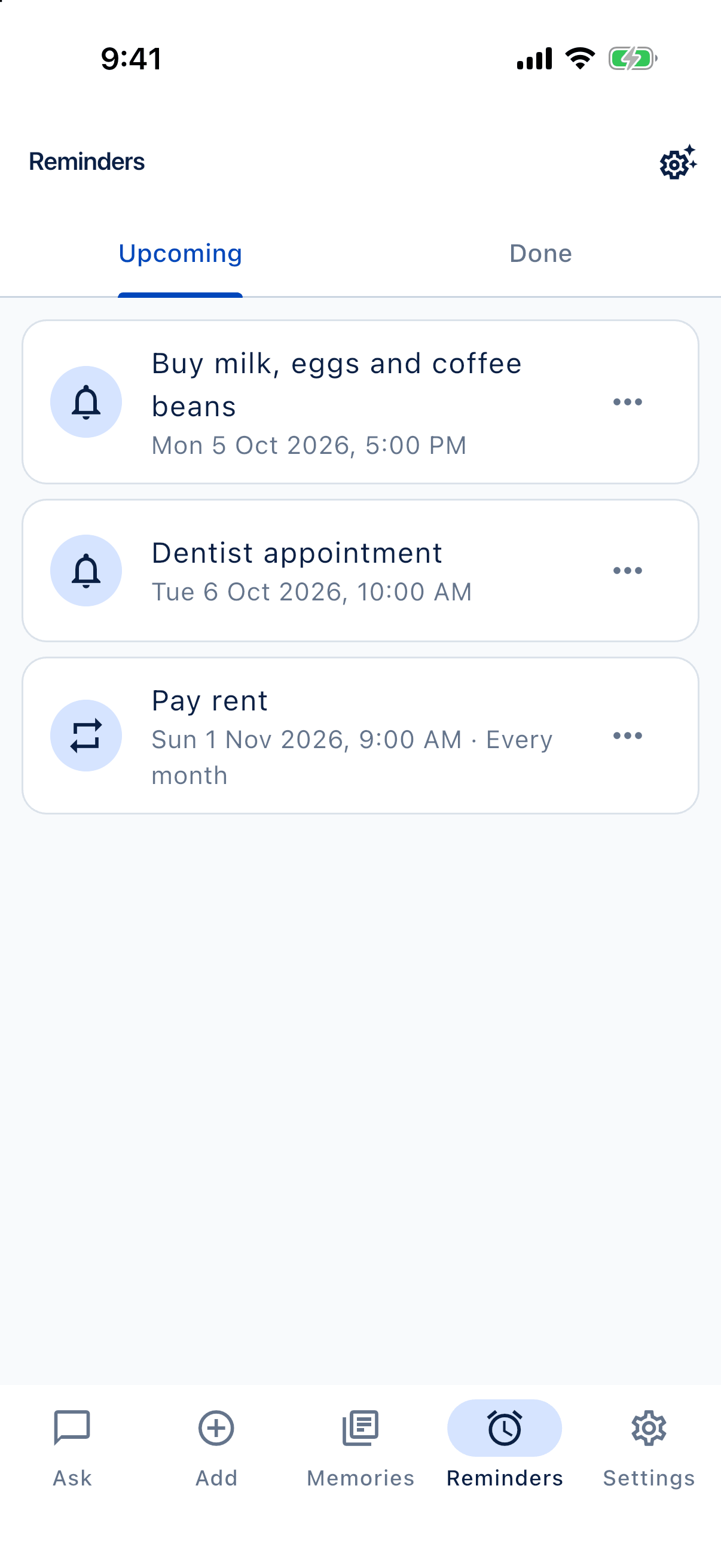 Upcoming reminders list in IDEA HOUSE My Memory