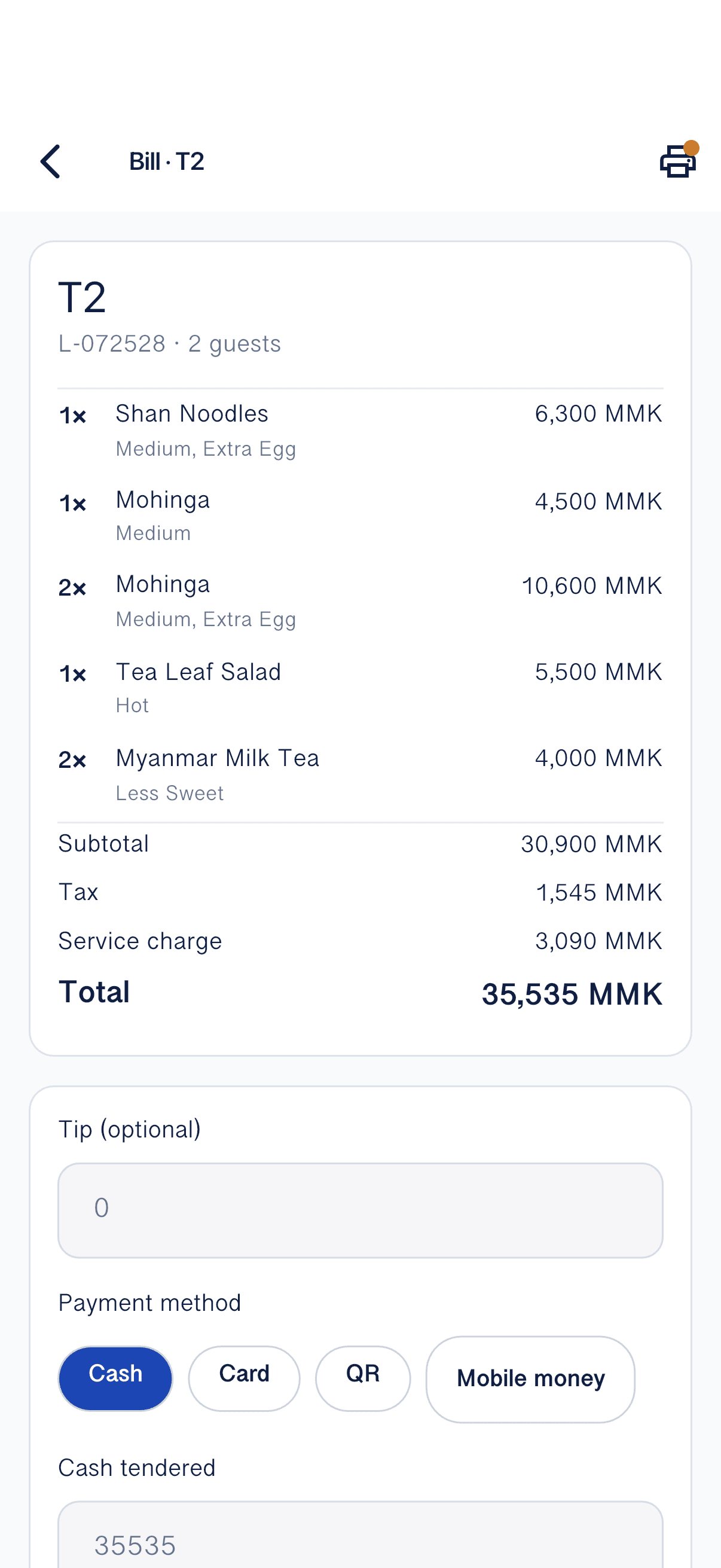 Bill with tax, service charge, and payment method on the IDEA House ResPOS mobile app